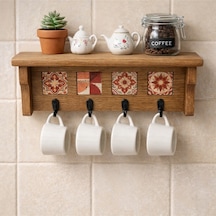 4 Askılı Doğaltaş Dekorlu Ahşap Duvar Düzenleyici Giriş Holü Anahtarlığı, Mutfak Ve Banyo Duvar Rafı 35x12-4 Asklılı