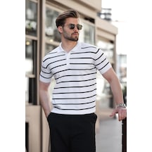 Madmext Beyaz Çizgili Polo Yaka Erkek T-shirt E7405 Beyaz