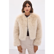 Sateen Yakasız Kürk - Bej-135665 Bej