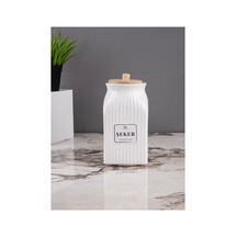 Porselen 1000 Ml Şeker Kavanozu Bambu Vakumlu Kapaklı Beyaz Beyaz