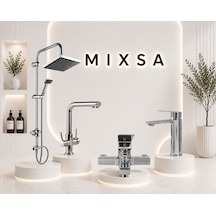 Lüx 4'lü Set Robot Duş Seti 3 Yollu Arıtma Bataryası Kare Banyo Bataryası Çanak Lavabo Bataryası Şık Tasarım 4'lü Set Krom