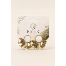 Kadın Detaylı Gold Yelpaze Form Küpe Beyaz