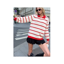 Meecy Selanik Örgü Polo Yaka Oversize Zr Model Kadın Triko Kazak Bej & Kırmızı Bej & Kırmızı