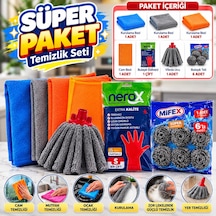 Süper Paket 7 Parçalı Temizlik Seti Kurulama Bezi, Cam Bezi, Bulaşık Eldiveni, Paspas Ucu Ve Top Tel