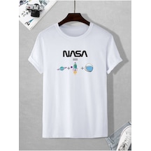 Flood Of Style Erkek Beyaz Nasa Baskılı Oversze Bisisklet Yaka Tişört