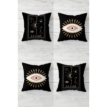 Göz Ve Ay Desenli La Luna Gizli Fermuarlı Kırlent Kılıfı Koltuk Yastık Kılıfı Takım 4adet Pembe-siyah- 45 X 45 Çok Renkli