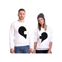 Tshirthane Kalp Puzzle Sevgili Kombinleri Unisex Sweatshirt Kırık Beyaz