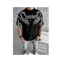 Erkek Bisiklet Yaka Yıldırım Baskılı Kısa Kol T-shirt-siyah
