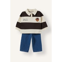 Defacto Çizgili Polo Yaka Ayı Desenli Sweatshirt Ve Pantolon 2li Takım Erkek Bebek I3307a526wnbg734 Bej-bg734
