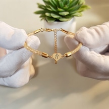 Archin U Harfine Özel Hasır Kordonlu Kalp Motifli 14 Ayar Altın Plakalı Hediye Bileklik-474harf U