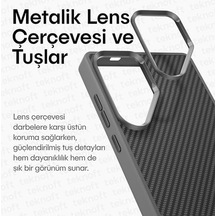 Galaxy S25 Ultra İçin Karbon Serisi Ultra Güçlü Metal Tuşlu Ve Lens Çerçeveli Darbe Emici Karbon Fiber Görünümlü Silikon Kılıf Gri, Galaxy S25 Ultra 50 x 22