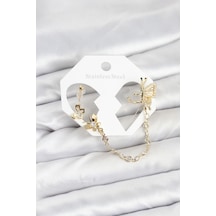 Kelebekli Model Pirinç Gold Renk Zincir Bağlantılı Ear Cuff Küpe Seti - Çok Renkli