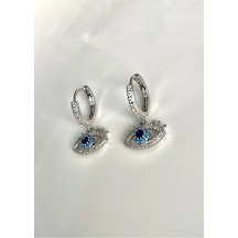 Justgaf Gümüş / Silver Renk Zirkon Taşlı Nazar Göz Detaylı Sallantılı Küpe Gümüş