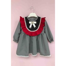 Broş Detaylı Kazayağı Desen Kız Çocuk Bebek Krep Elbise 001