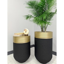Elegant Dekoratif Eskitme Darbuka Siyah Saksı 70cm + Sehpa 60cm İkili Set