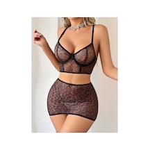 Lily Bianca Nightwear Leopar Desenli Arka Kısmı İp Detaylı Tangalı Transparan Alt Üst Takım Fantezi Kostüm Kahverengi