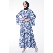 Düz Orta Kadın Mavi V Yaka Uzun Kollu Elbise - 24627 001
