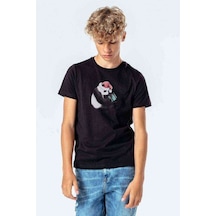 Tshirthane Kırmızı Başlıklı Panda Baskılı Unisex Çocuk Siyah T-Shirt