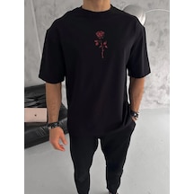 Barlashive Erkek Bisiklet Yaka Baskılı Oversize Kısa Kol T-shirt - Siyah Çok Renkli