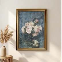 Antika Gold Çerçeveli Pastel Tonlu Mavi Güller Tablosu - Vintage Salon Duvar Dekoru 80x60 Cm
