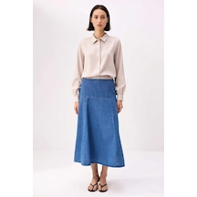Benerly Kadın A-line Midi Denim Etek Dikiş Detaylı %100 Pamuk Dökümlü Kes Mavi