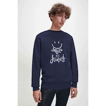 Cuma Günkü Metin Smile English Art Baskılı Indigo Erkek Sweat