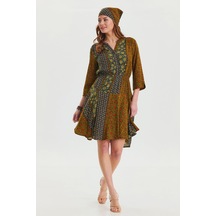 Hakim Yaka Düğme Detaylı Midi Elbise Yeşil