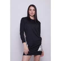 Kadın Sıfır Yaka Cep Detaylı Uzun Kol Sweat Elbise -Siyah