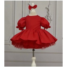 Kız Çocuk Kırmızı Kısa Balon Kol Kloş Kabarık Elbise
