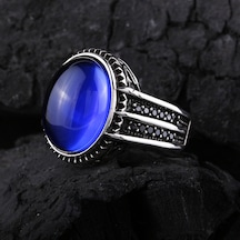 925 Ayar Gümüş Mavi Oval Taşlı Erkek Yüzük Silver