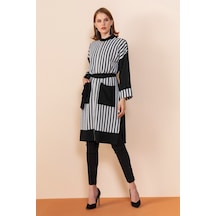 Serpil Exclusive Çizgili Modern Tunik Şık Ve Zarif Tasarım Siyah-ekru