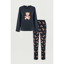 Kadın Pamuklu Ayıcıklı Pijama Takımı Kk70642 Kahverengi - Füme