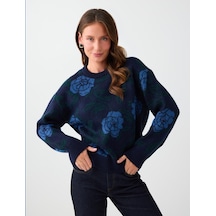 Jimmy Key Lacivert Floral Desenli Yuvarlak Yaka Triko Kazak 6ww138264494