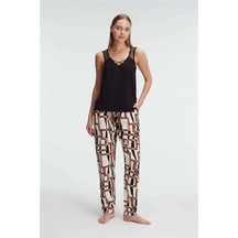 Ang Butik Kadın Sıfır Kol V Yaka Viskon Geometrik Yazlık Uzun İp Detaylı Pijama Takımı Siyah