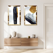 Gold Aynalı Pleksi Çerçeveli Siyah Ve Gold Modern Soyut Şekiller İkili Mdf Tablo Seti