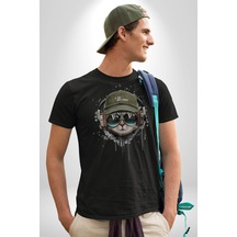 Havalı Pilot Şapkalı Müzik Dinleyen Kedi Unisex Unisex Siyah Organik Baskılı T-shirt Penye Yüksek Kalite Siyah