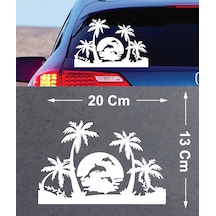 Palmiye Deniz Kumsal Yunus Sticker - 4x4 Offroad Karavan Araba Oto Cam Motosiklet Sticker - 00133 20x13 Cm