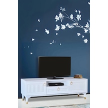 Mindy Tv Sehpası Beyaz 2 Kapaklı 1 Çekmeceli Gold Halkalı Kulplu 160x36x50 Cm