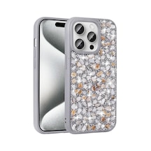 Mobilteam Apple iPhone Uyumlu 15 Pro Max Kılıf Parlak Taşlı Tasarım Linea Kapak - Gümüş Gümüş