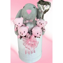 Sole Premium Özel Kutusunda 45 Cm Gri Bunny Tavşan, Simli Kalp 4 Pembe Ayıcık Ve Kalp Balonlu Buket