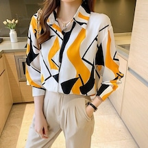 Kadın Uzun Kollu Şifon Gömlek Moda Kore Fit Geometrik Baskı Üst Büyük Gömlek Sarı