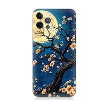 Apple iPhone 12 Pro Max Uyumlu Ay Altında Kiraz Çiçeği Desenli Silikon Kılıf Çok Renkli