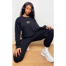 Minimal Eşofman Takımı Sweatshirt Jogger - Baskılı Oversize Bisiklet Yaka Şardonlu Lastik Paça Siyah