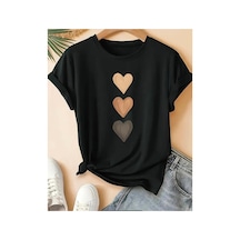 Medinenur Dik Kalpler Baskılı Basic T-shirt Siyah