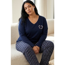 Siyah İnci Pamuklu Likralı Büyük Beden Battal Boy Örme Pijama Takım26240907 Lacivert
