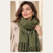 Oliva Muse Haki Yeşil Oversize Soft Touch Püsküllü Kışlık Şal Old Money Stil, Yumuşak Dokulu Premium Kadın Atkı & Omuz Şalı 50x175 Cm Çok Renkli