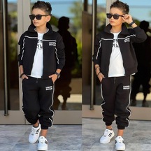 Erkek Çocuk 3 Parça Şardonlu 3 İplik Eşofman Takımı Fermuarlı Ceket, Tişört Ve Jogger Pantolon 43182-s Siyah