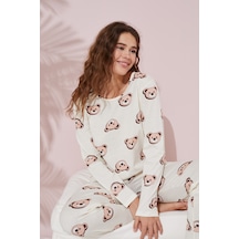 Siyah İnci Örme Pijama Takım 7781 Krem Ayıcık