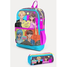 Coral High Kids Gri Mavi Pembe Anime Desenli 2'li Okul Çanta Seti Set0223737