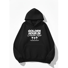 Uyguntarz Unisex Yumuşak Dokulu Golden Hour Baskılı Tasarım Oversize 3 İplik Hoodie Sweatshirt siyah
